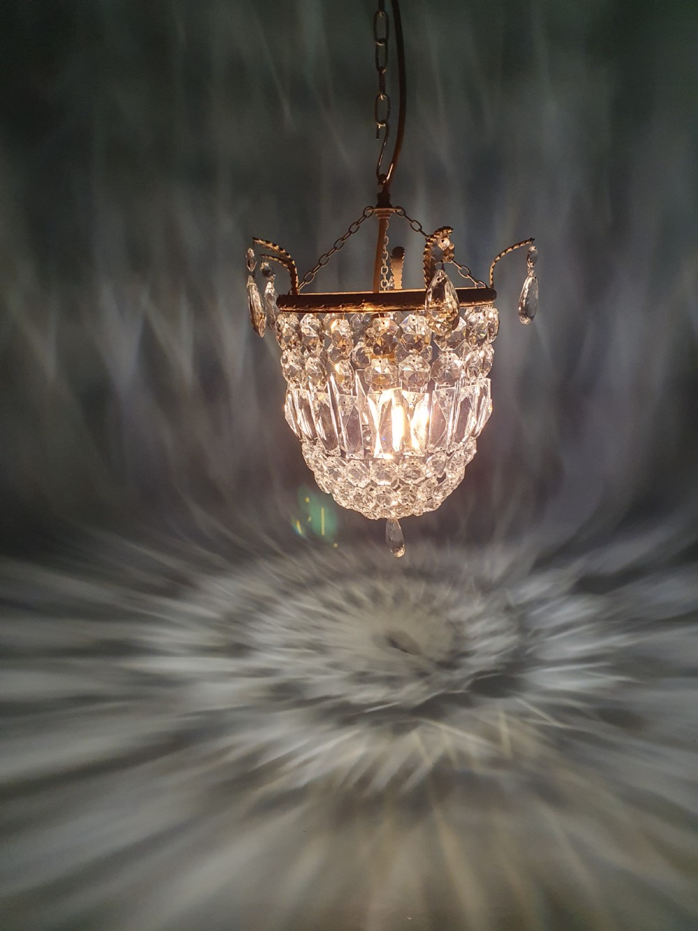 Early 20th century bag chandelier with prisms and finials to the top 11