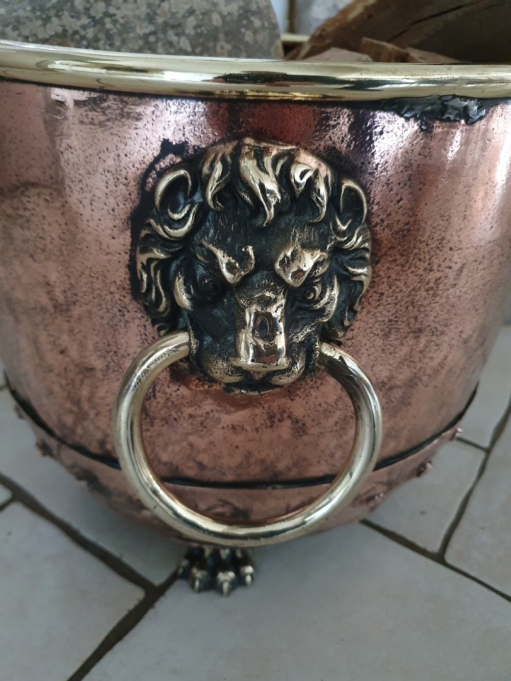 19th century copper and brass log bin. View III