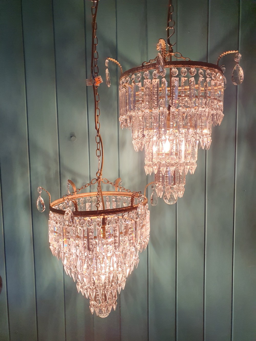 Pair of early 20th century four tier lustre chandeliers 15