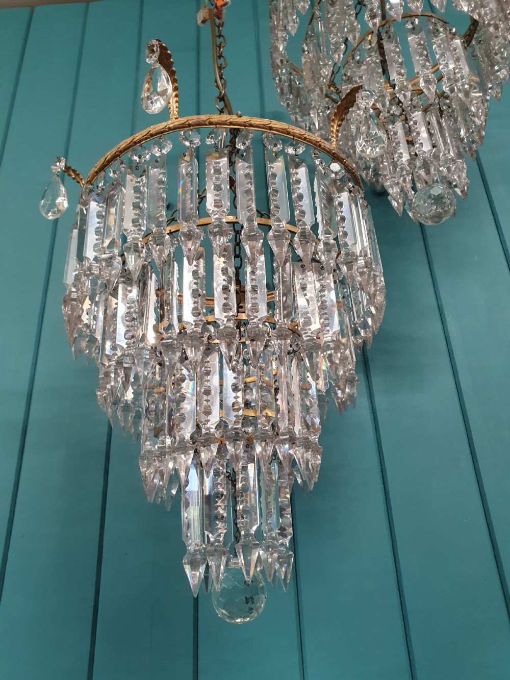 Pair of early 20th century four tier lustre chandeliers 15