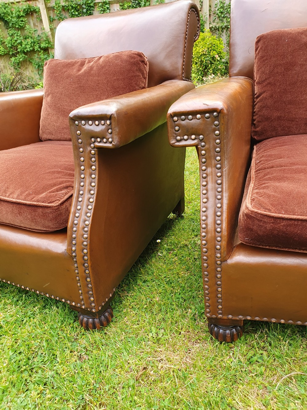 Early 20th century pair of chocolate brown leather chairs View VII