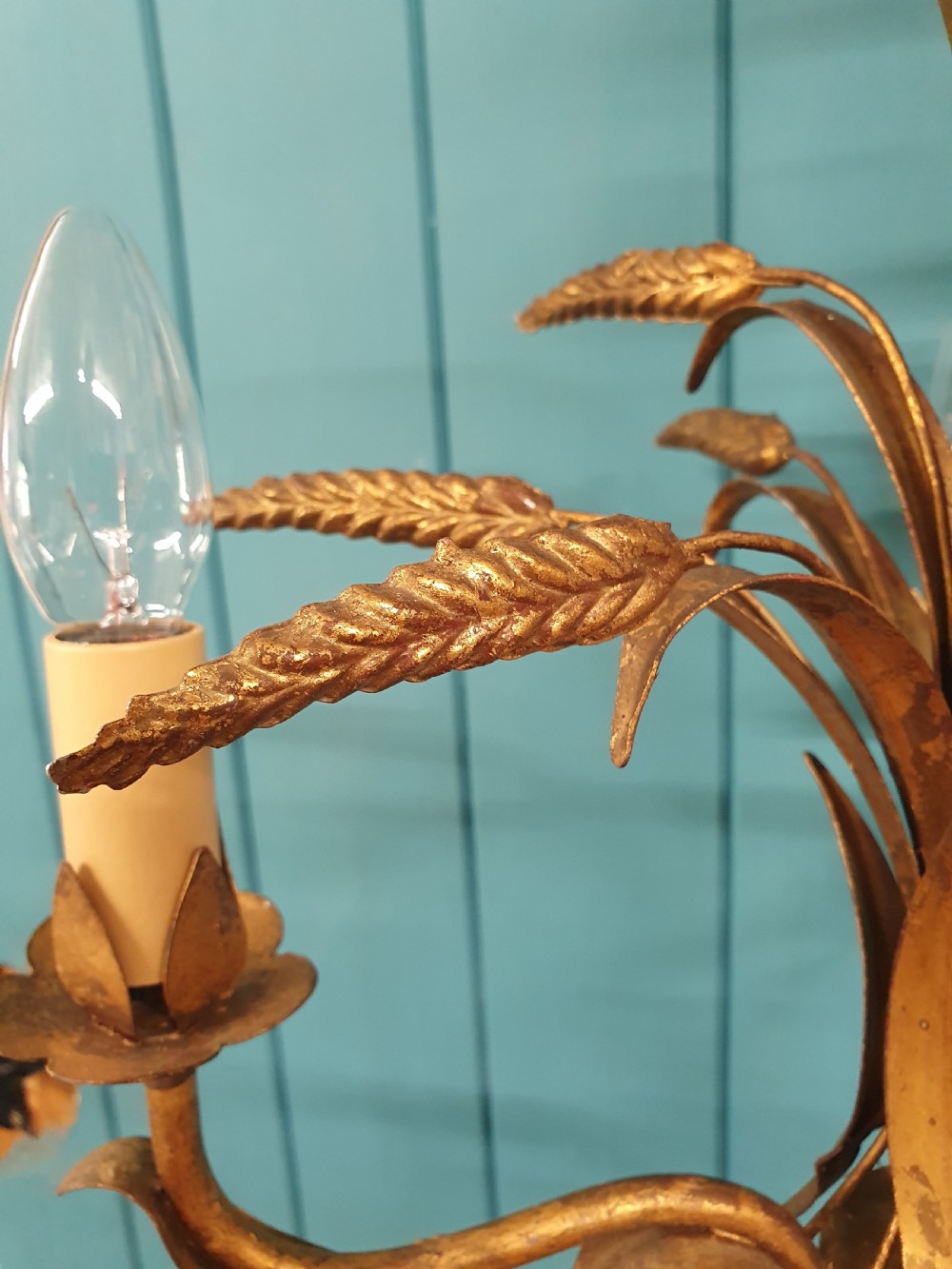 Pair of early 20th century chandeliers with gold leaves and Bali corns View II