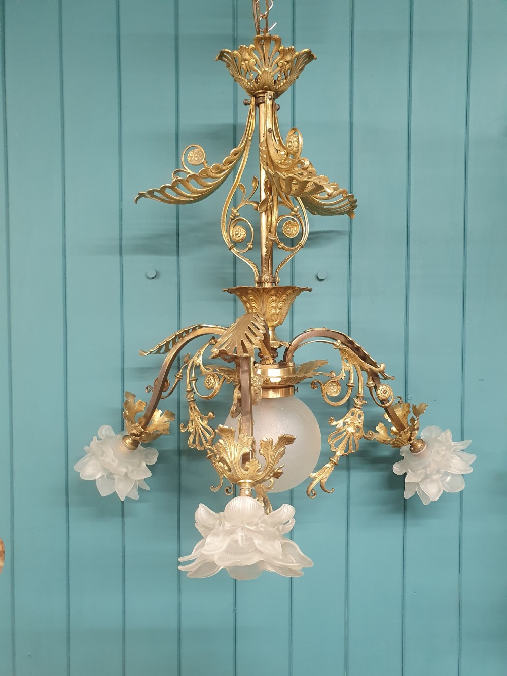 Large 4 light early 20th century brass chandelier with tulip glass shades 25