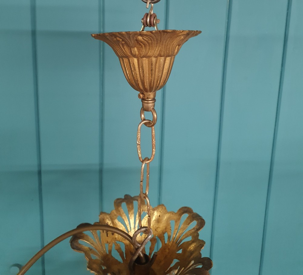Large 4 light early 20th century brass chandelier with tulip glass shades 25
