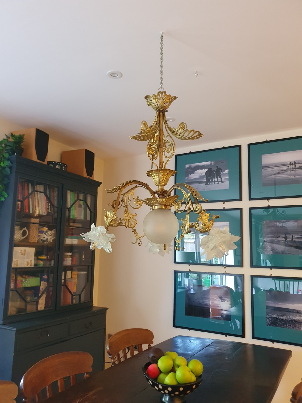 Large 4 light early 20th century brass chandelier with tulip glass shades 25