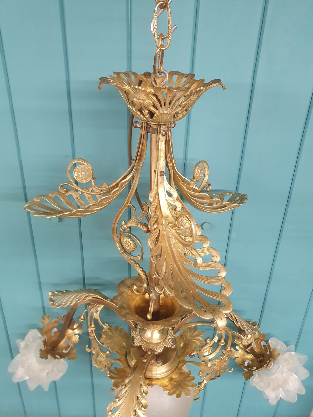 Large 4 light early 20th century brass chandelier with tulip glass shades 25