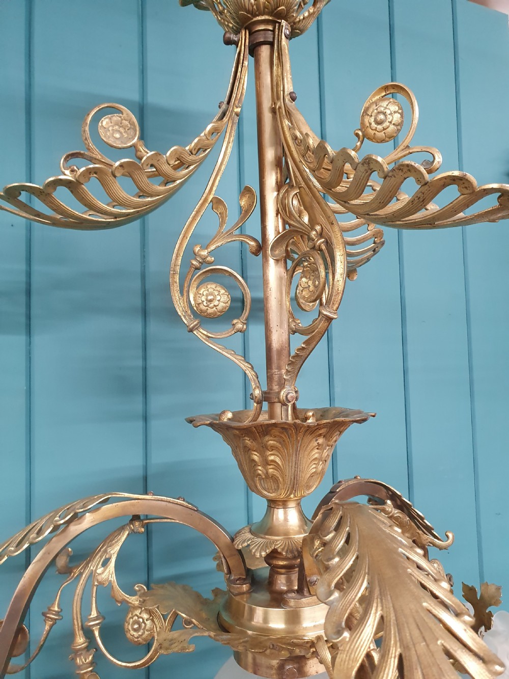 Large 4 light early 20th century brass chandelier with tulip glass shades 25