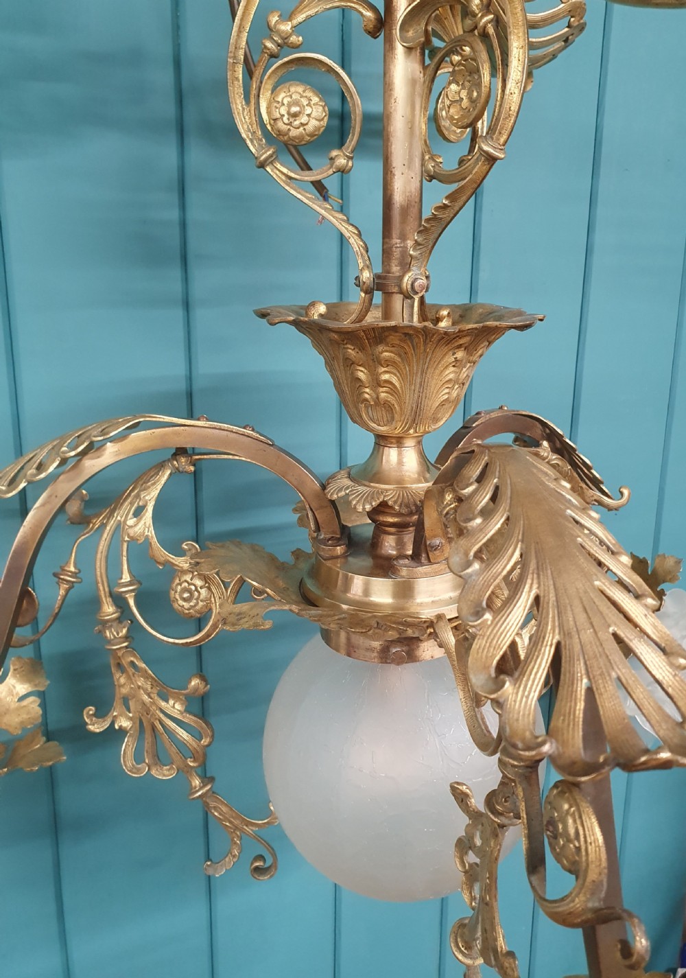 Large 4 light early 20th century brass chandelier with tulip glass shades 25
