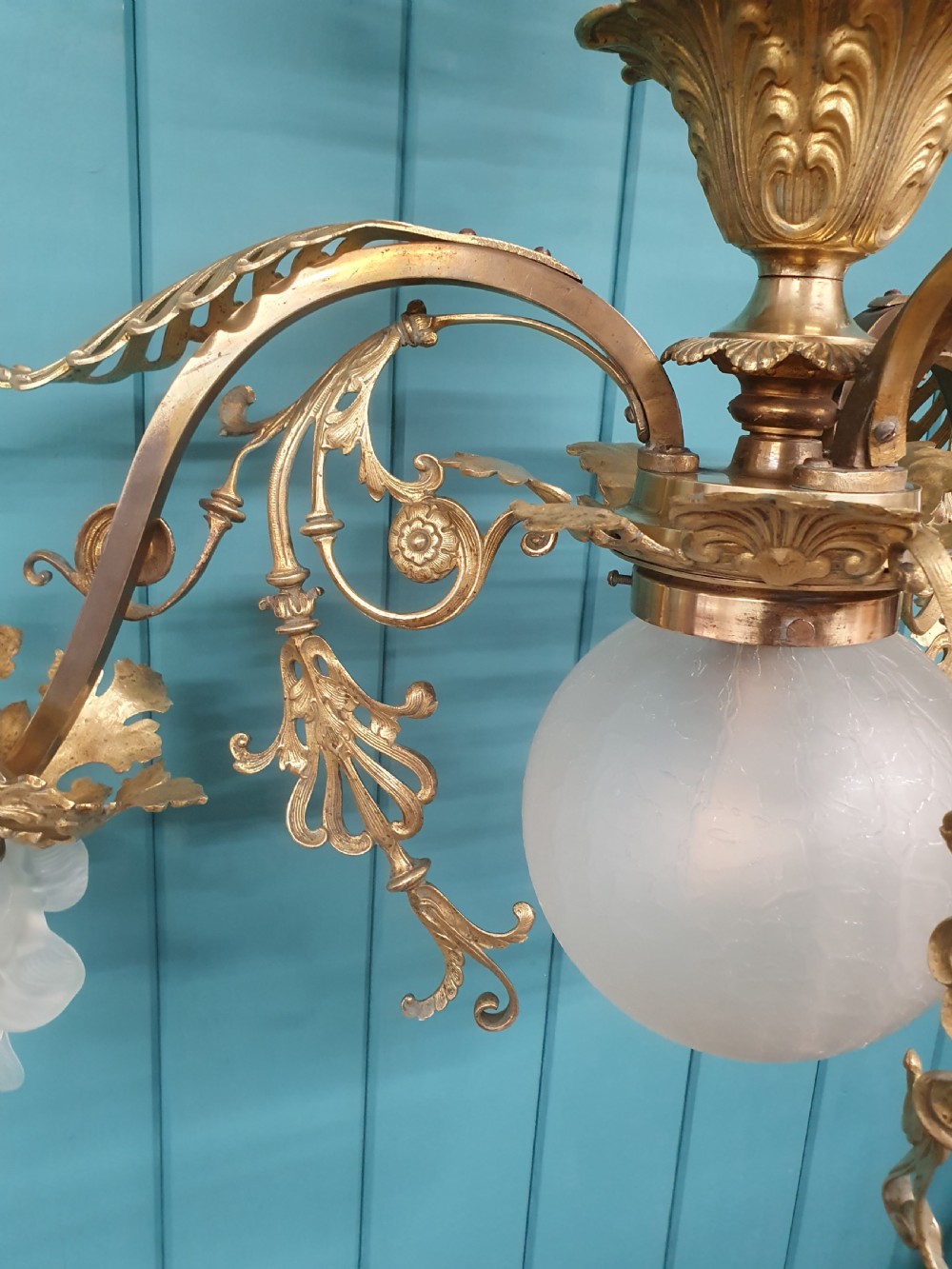 Large 4 light early 20th century brass chandelier with tulip glass shades 25