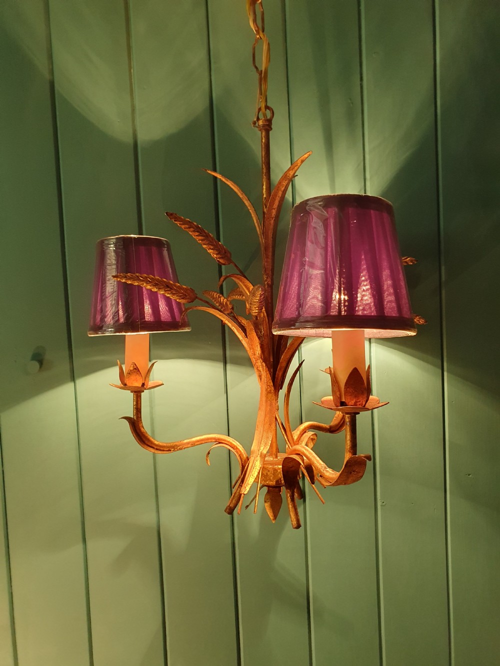 Pair of early 20th century chandeliers with gold leaves and Bali corns View III