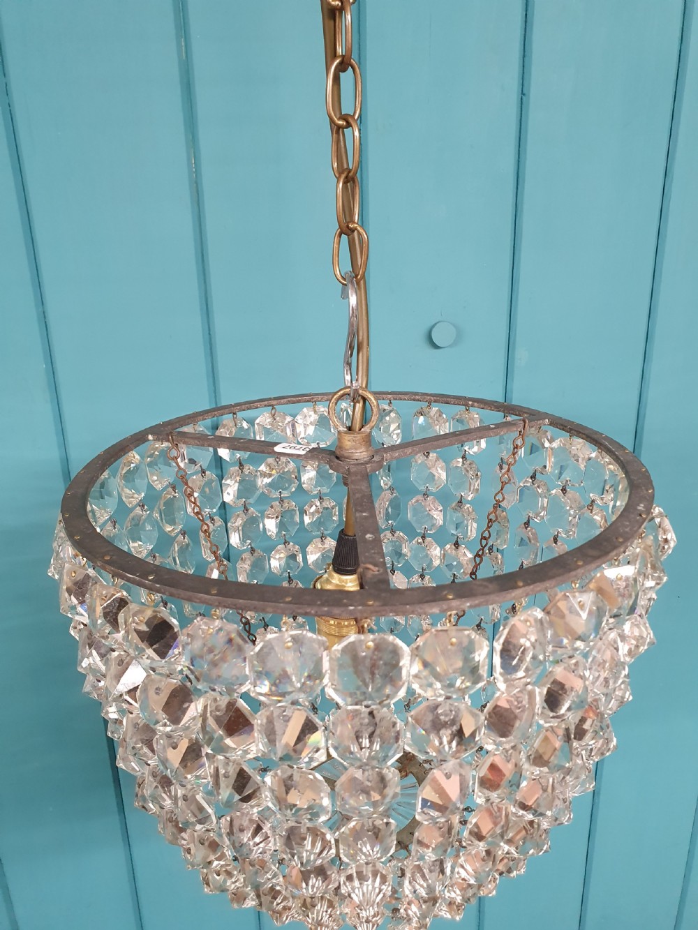 Early 20th century bag chandelier with interesting glass bottom 12