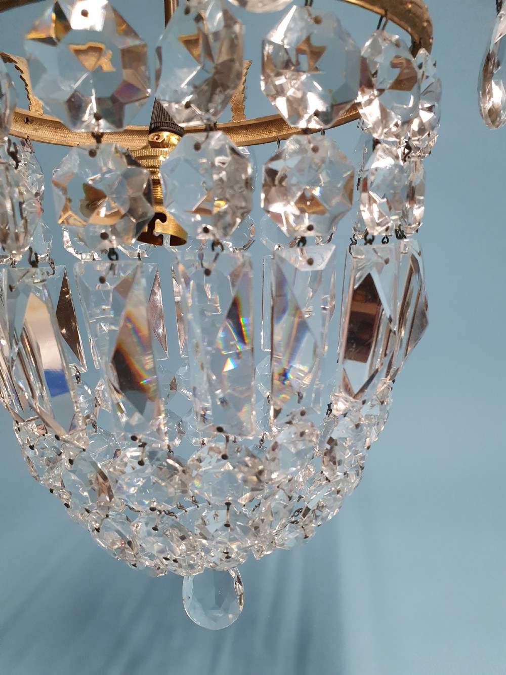 Early 20th century bag chandelier with prisms and finials to the top 11