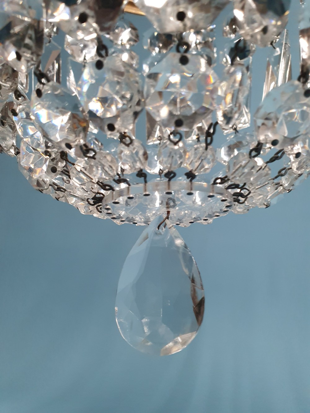 Early 20th century bag chandelier with prisms and finials to the top 11