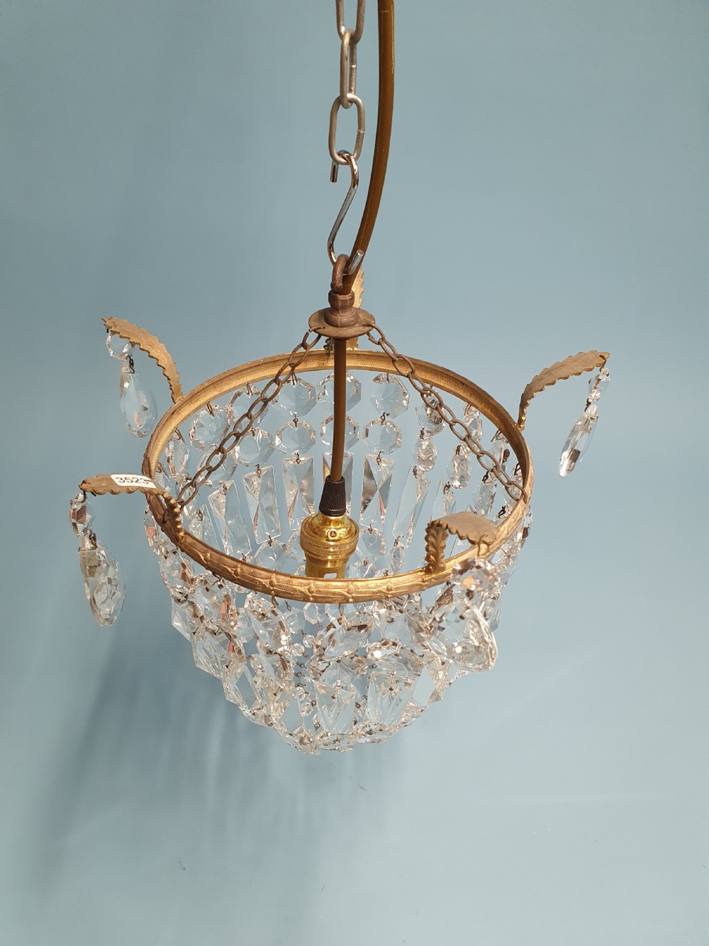 Early 20th century bag chandelier with prisms and finials to the top 11