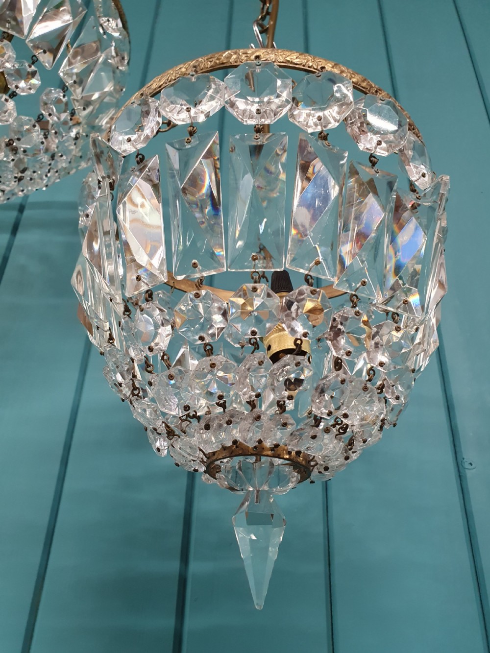 Pair of early 20th century bag chandelier with prisms 8