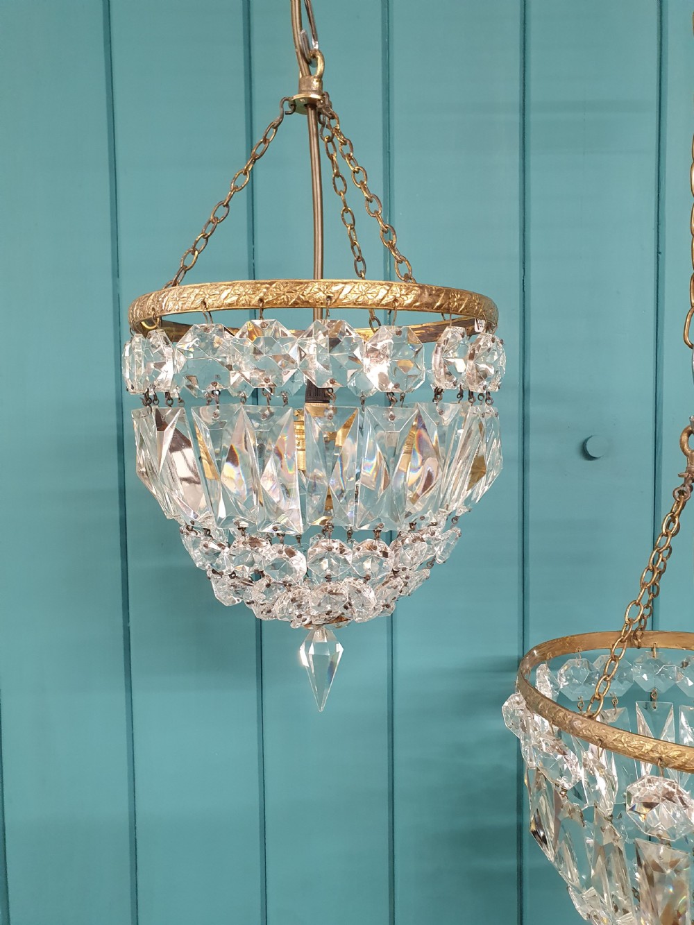 Pair of early 20th century bag chandelier with prisms 8