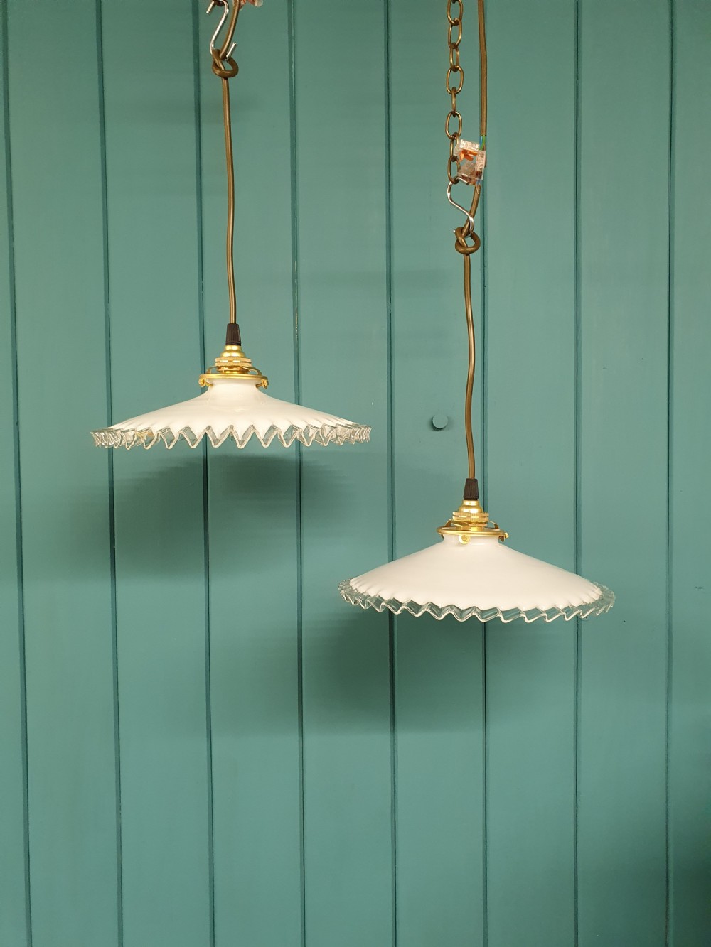 Pair of vintage French white Opaline glass lampshades frilly edged hand made milk glass 