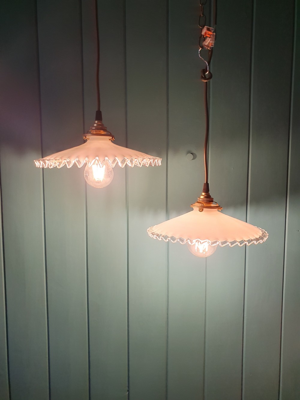 Pair of vintage French white Opaline glass lampshades frilly edged hand made milk glass  View II