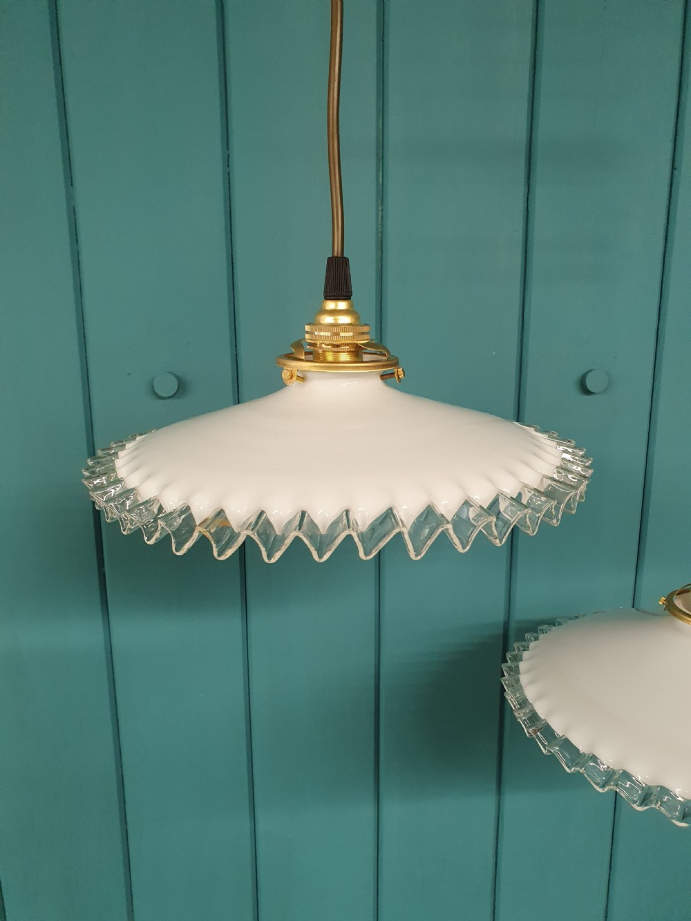 Pair of vintage French white Opaline glass lampshades frilly edged hand made milk glass  View III