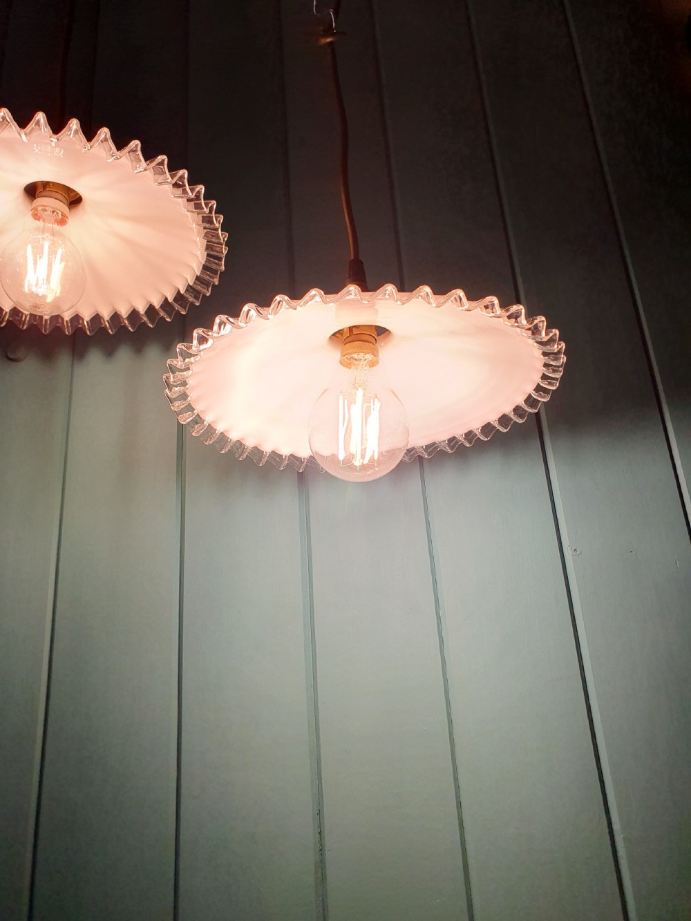 Pair of vintage French white Opaline glass lampshades frilly edged hand made milk glass  View V