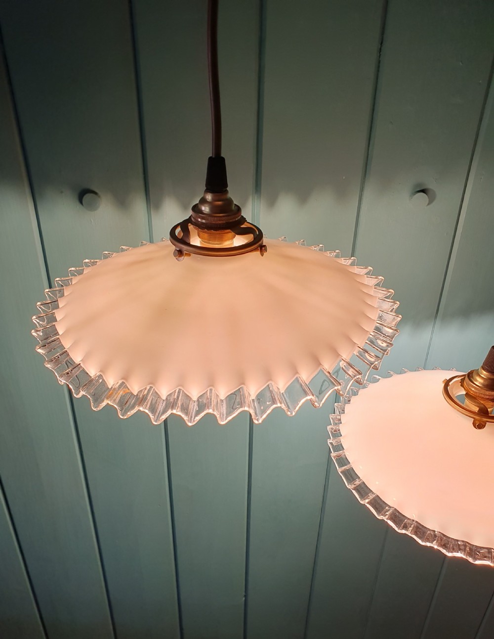 Pair of vintage French white Opaline glass lampshades frilly edged hand made milk glass  View VI