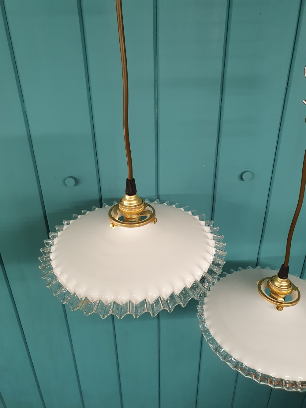 Pair of vintage French white Opaline glass lampshades frilly edged hand made milk glass  View VII