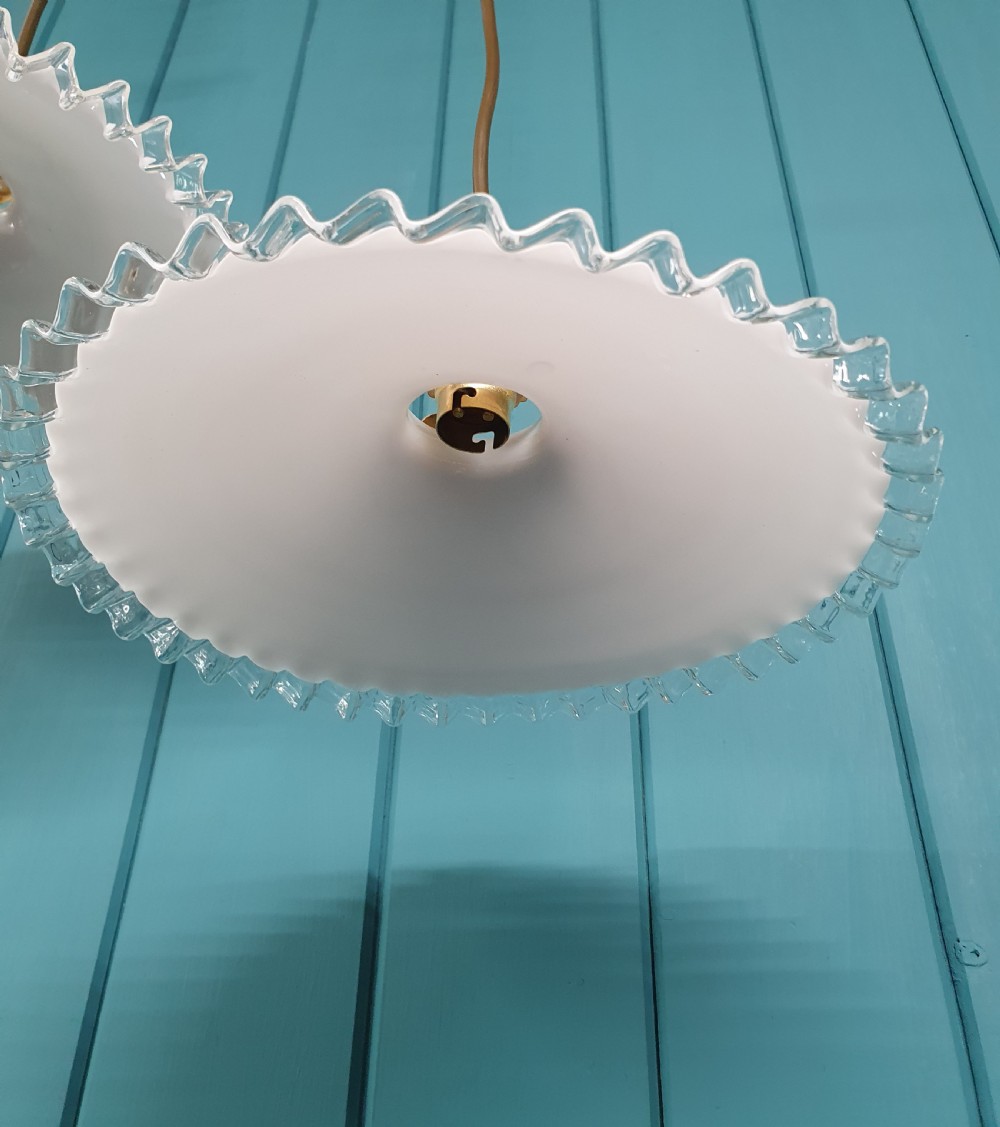 Pair of vintage French white Opaline glass lampshades frilly edged hand made milk glass  View X