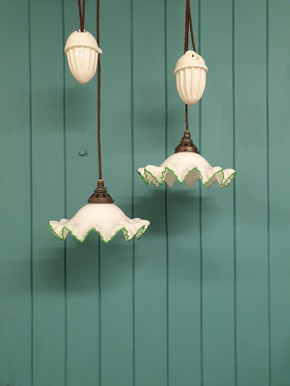 Pair of Vintage French Rise and Fall Opaque Glass Pendant Lights 10