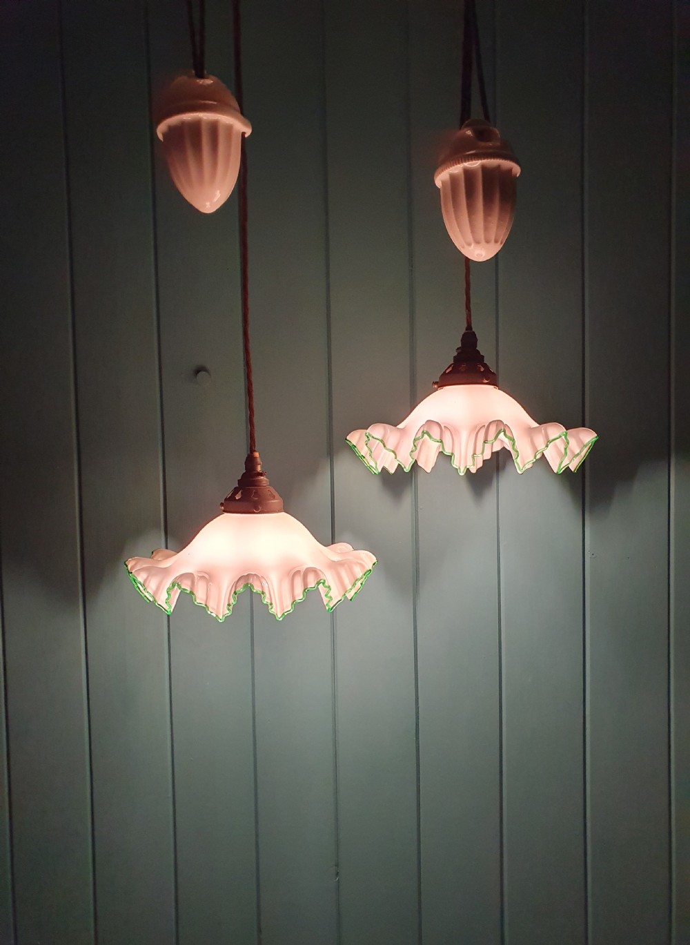 Pair of Vintage French Rise and Fall Opaque Glass Pendant Lights 10