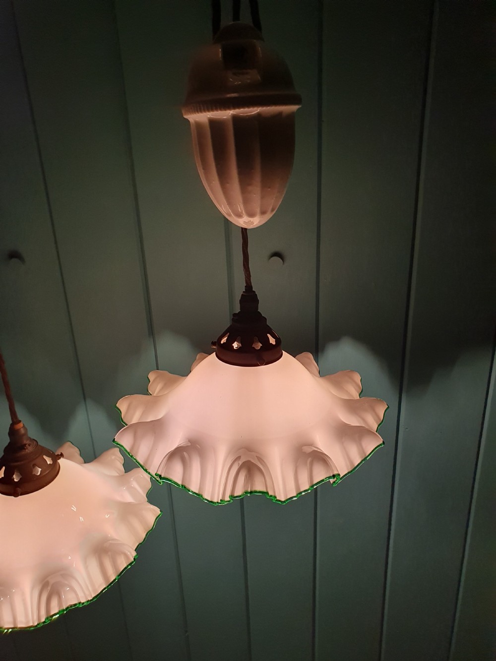 Pair of Vintage French Rise and Fall Opaque Glass Pendant Lights 10