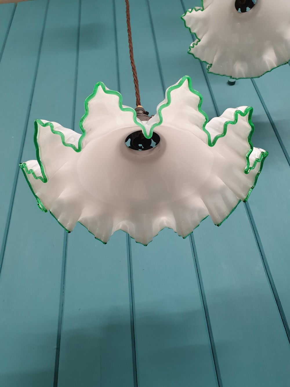 Pair of Vintage French Rise and Fall Opaque Glass Pendant Lights 10
