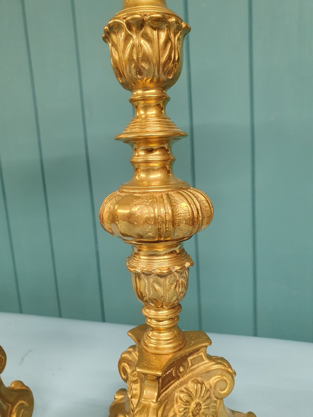 Early 20th century Pair of baroque style brass candlesticks View IV