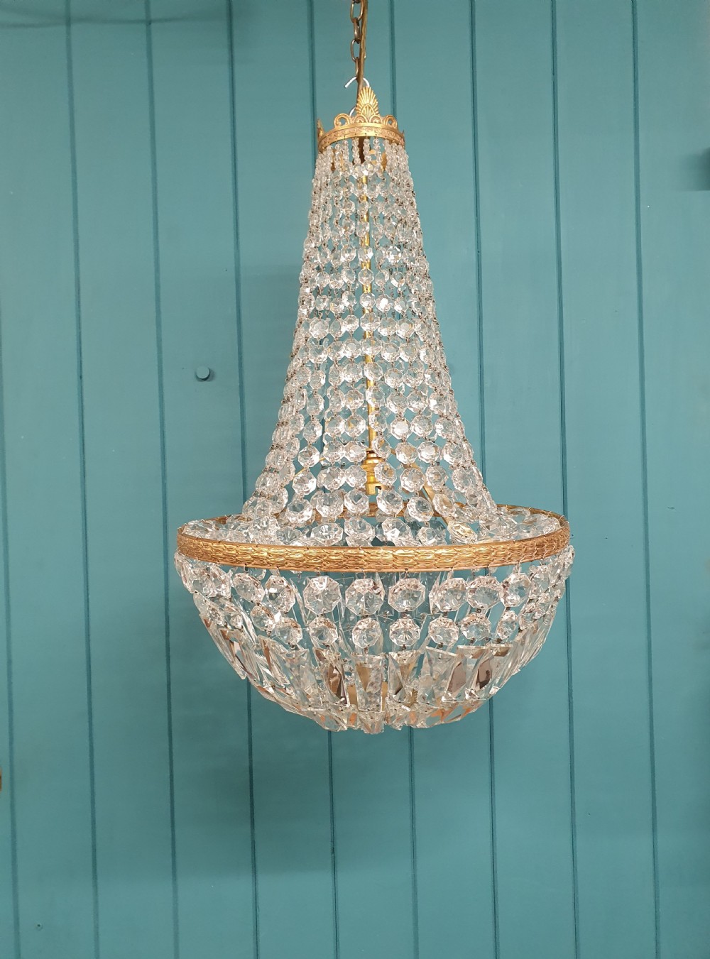 Antique cut glass crystal tent chandelier 16