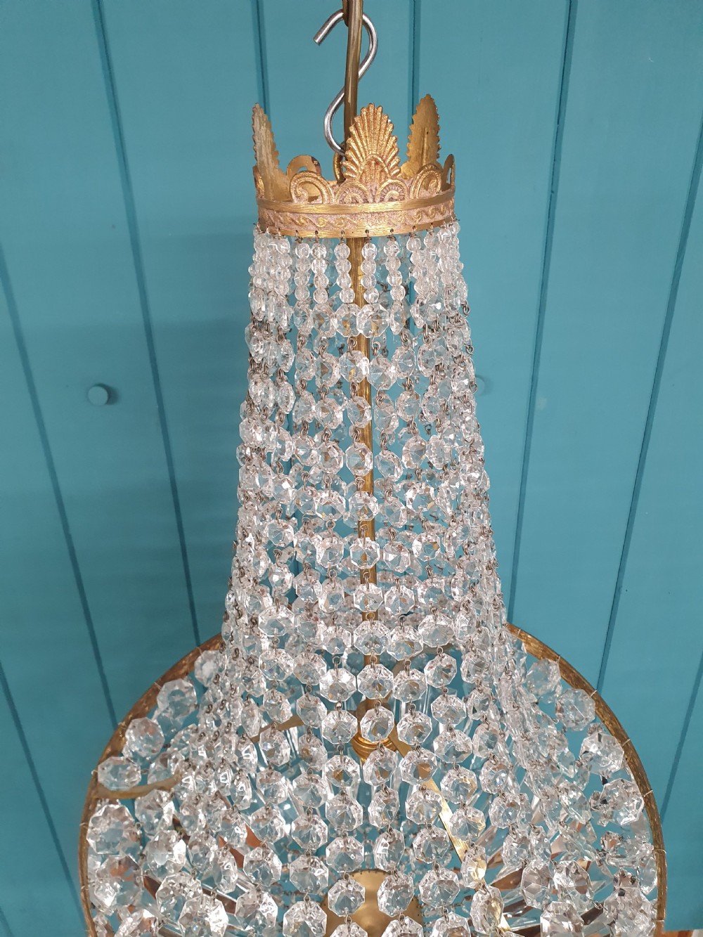 Antique cut glass crystal tent chandelier 16