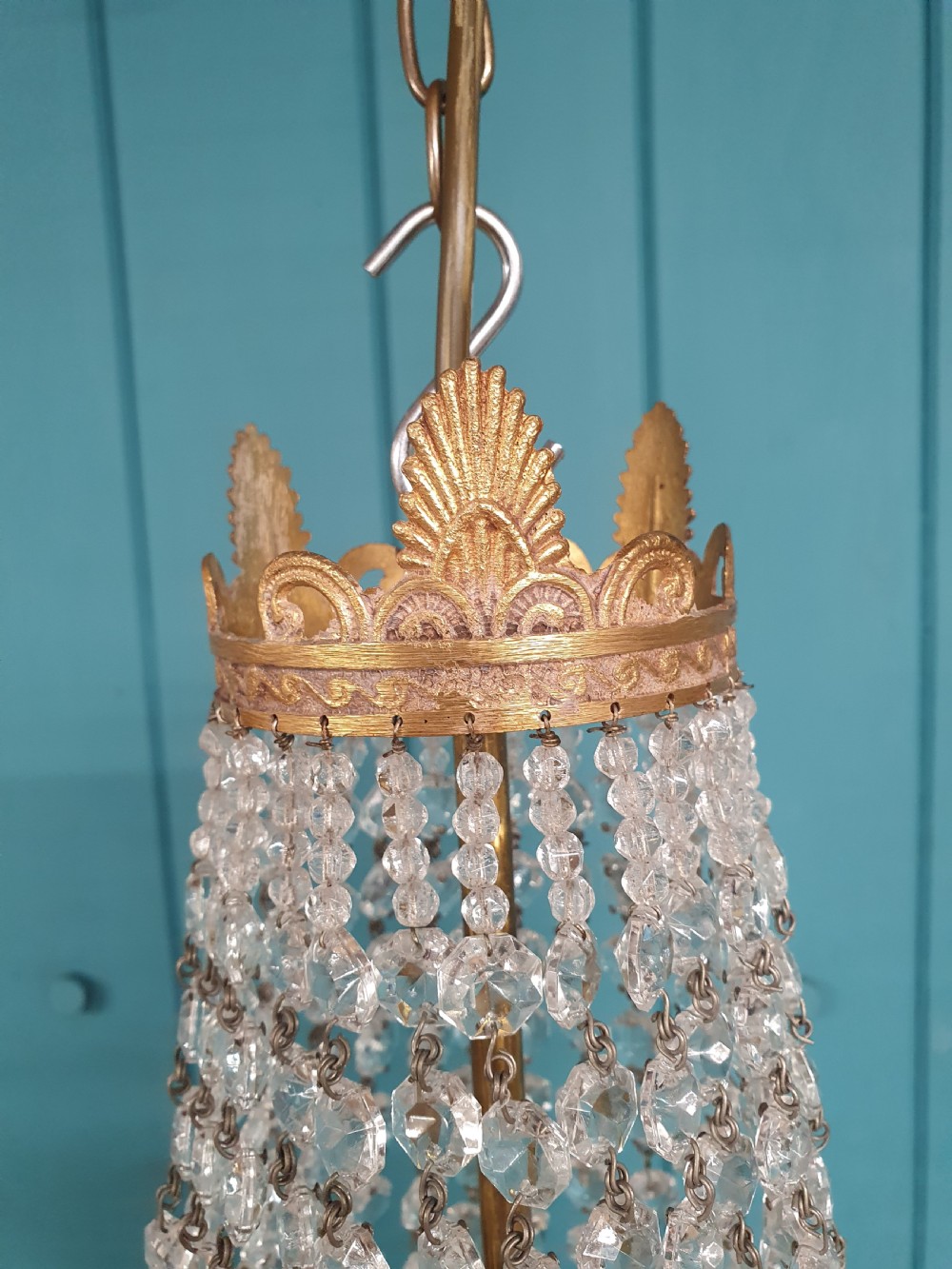 Antique cut glass crystal tent chandelier 16