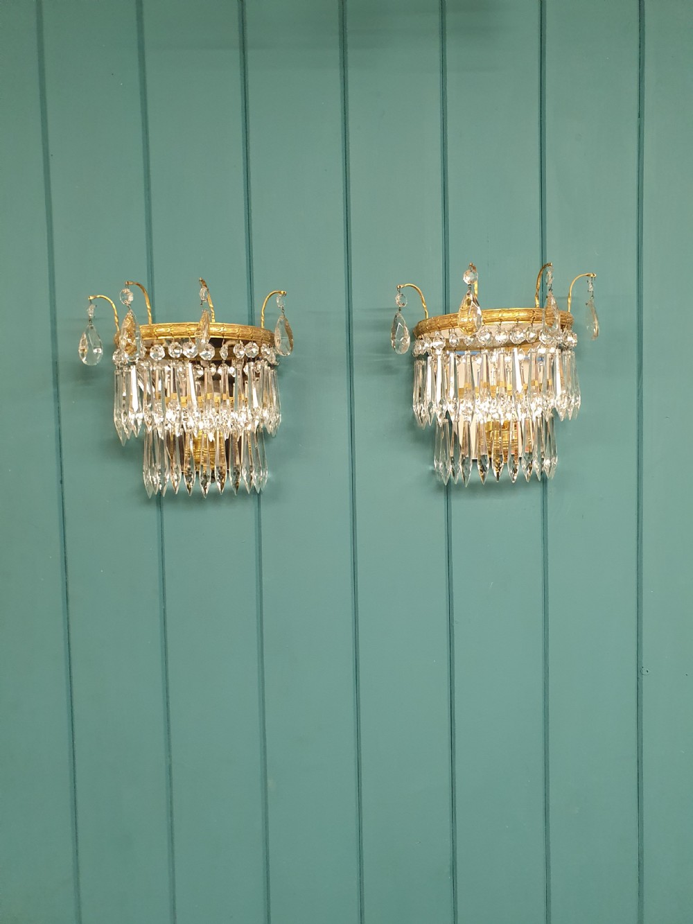 Antique pair of cut glass crystal wall lights