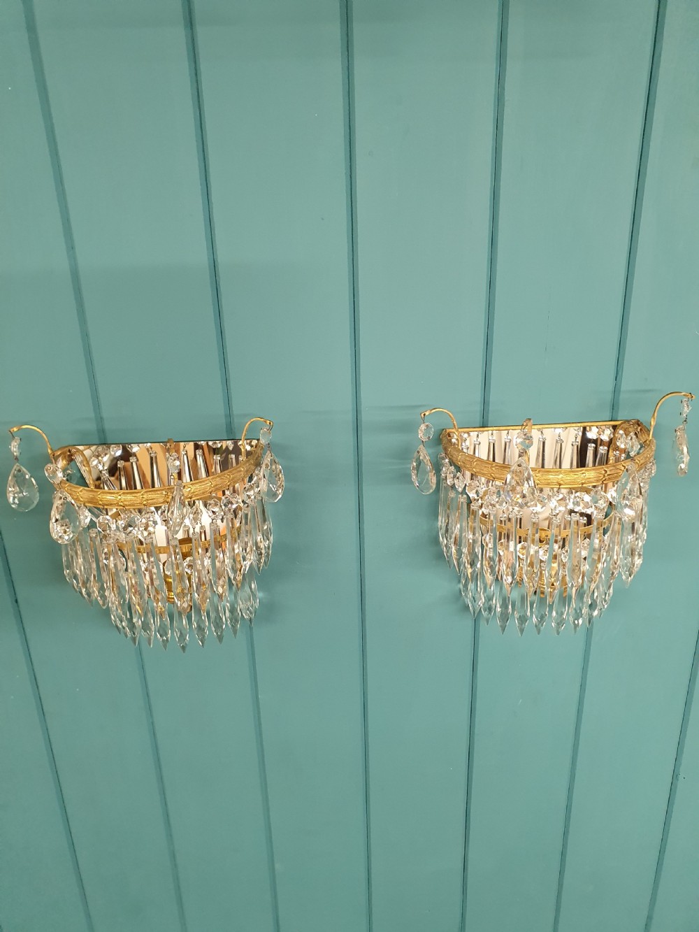 Antique pair of cut glass crystal wall lights View II