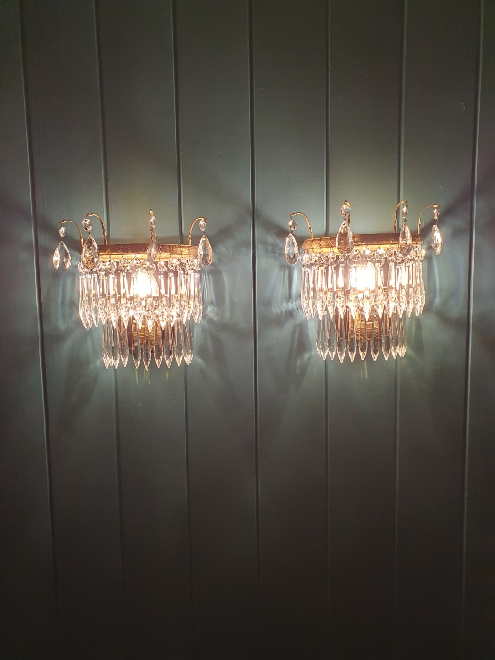 Antique pair of cut glass crystal wall lights View III