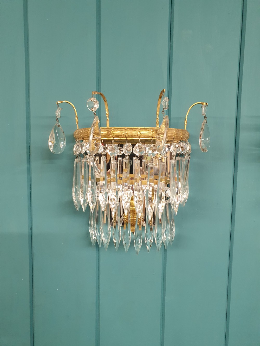 Antique pair of cut glass crystal wall lights View IV