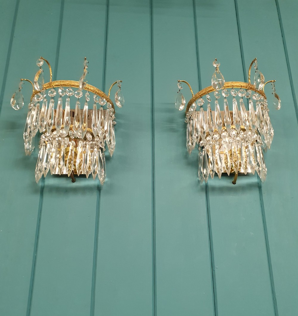 Antique pair of cut glass crystal wall lights View V