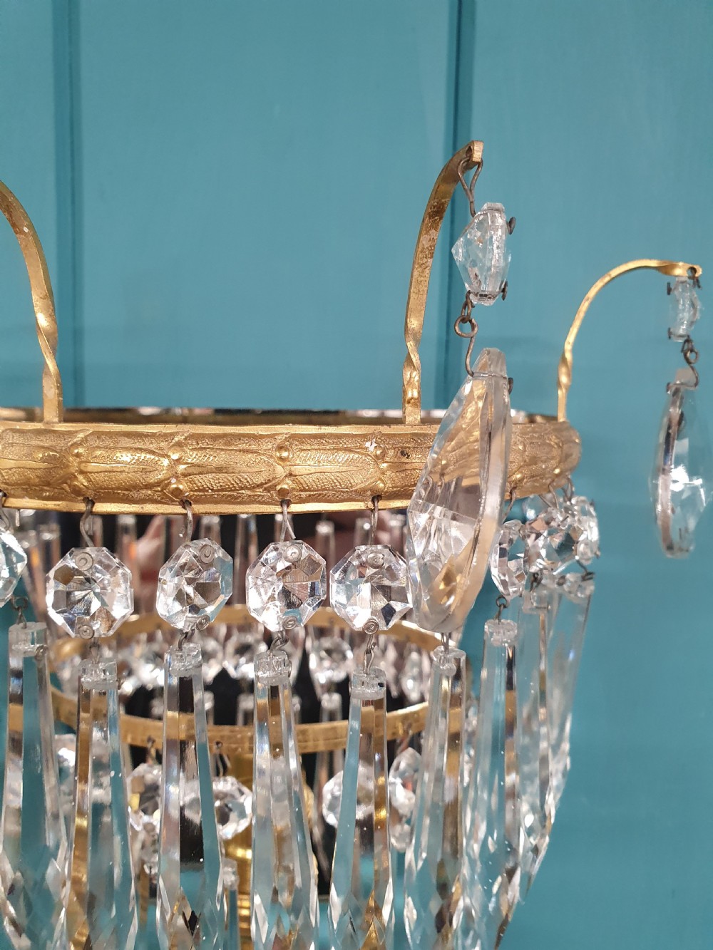 Antique pair of cut glass crystal wall lights View VI