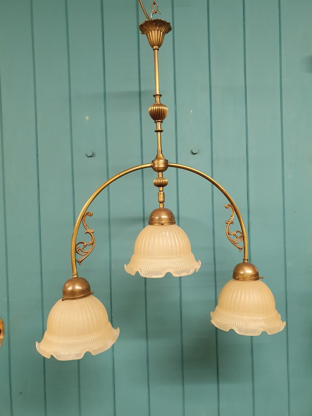 Edwardian three light brass chandelier with glass shades 23