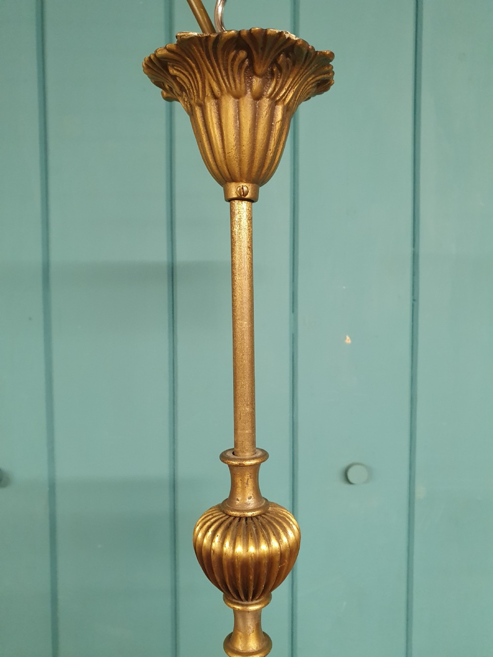 Edwardian three light brass chandelier with glass shades 23