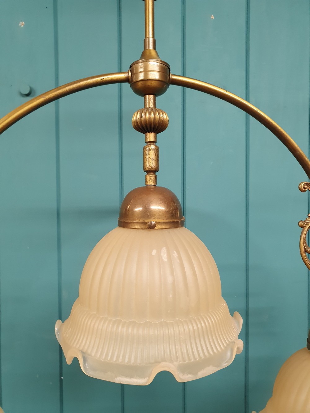 Edwardian three light brass chandelier with glass shades 23
