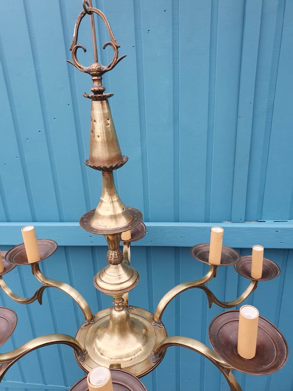 Large Antique 12 Arm Brass Chandelier 36