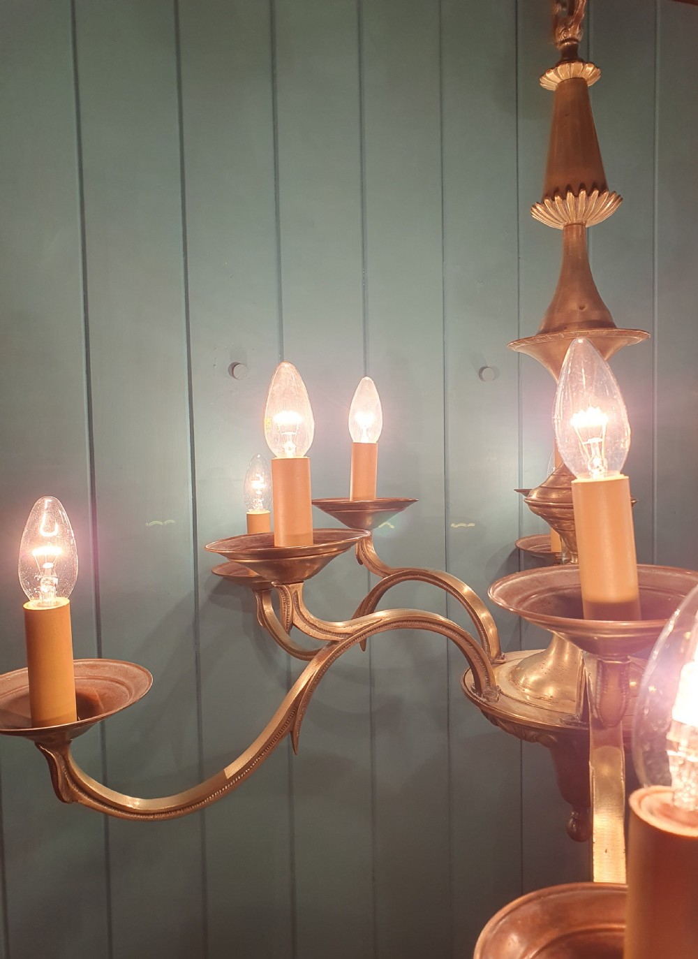 Large Antique 12 Arm Brass Chandelier 36