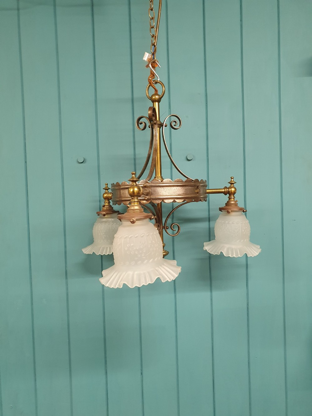 Three-Arm Coronet-Shaped Brass Chandelier 19