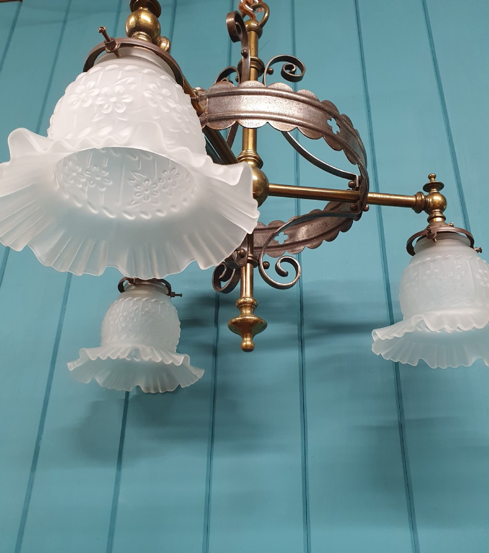Three-Arm Coronet-Shaped Brass Chandelier 19