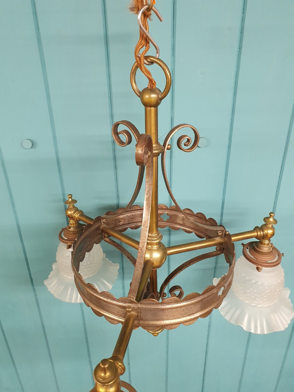 Three-Arm Coronet-Shaped Brass Chandelier 19