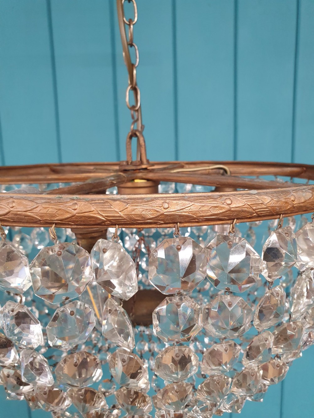 Antique Early 20th Century Brass & Cut Glass Bag Chandelier 16